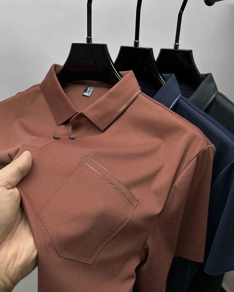 Summer high-end brand short sleeve mens POLO shirt fashionable pocket decoration comfortable and breathable ice silk T-shirt XJ250605