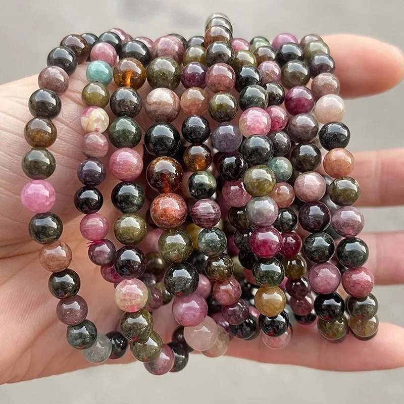 5A Natural Muticolor Tourmaline Bracelets Women 5-7mm Round Colorful Beads Healing Elastic Bangles Quality Jewelry Gift 250604