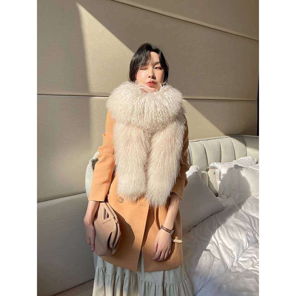 ZDFURS* Korean Quality mongolian Tibet sheep fur scarf Double-Sided Whole skin Long Collar Fur Scarf Thickened