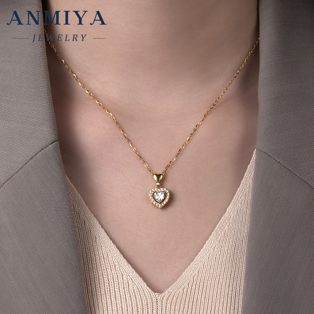 Classic 925 Silver Jewelry Heart Zircon Inlay Pendant Necklace with Heart Shackle for Anniversary Gifts