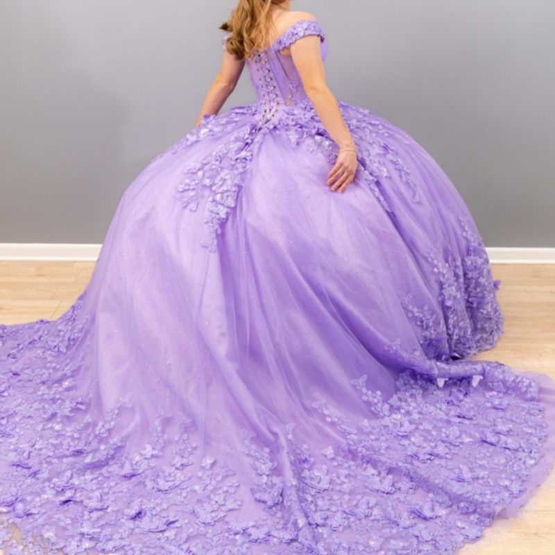 Luxury Lilac Shiny Quinceanera Dresses Beads Appliques Flower Tull Corset Ball Gown Off The Shoulder Birthday Formal Party Vestidos 15 Anos