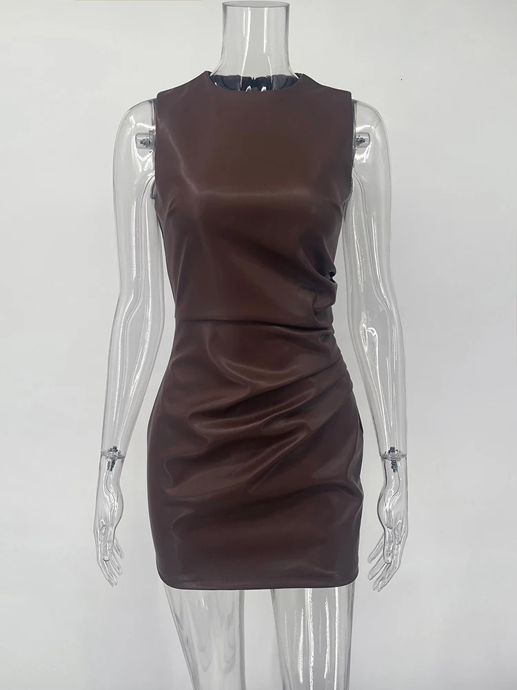 TARUXY Sleeveless Leather Maxi Dress For Women Tight Pleated Sexy Hip-Hugging Dress Vestido Solid High Waist Party Female Dress 250529