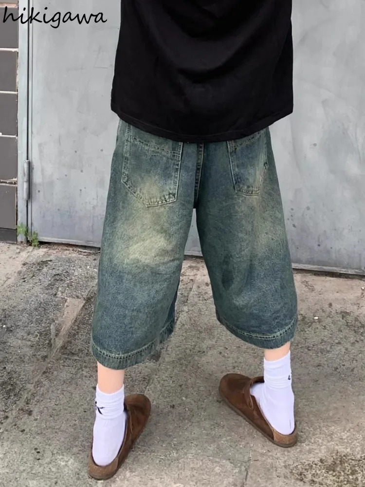 Streetwear BF Blue Jeans Women Vintage Summer Y2k Shorts Wide Leg Pants High Waist Straight Casual Denim Trousers Womens Pants 250604