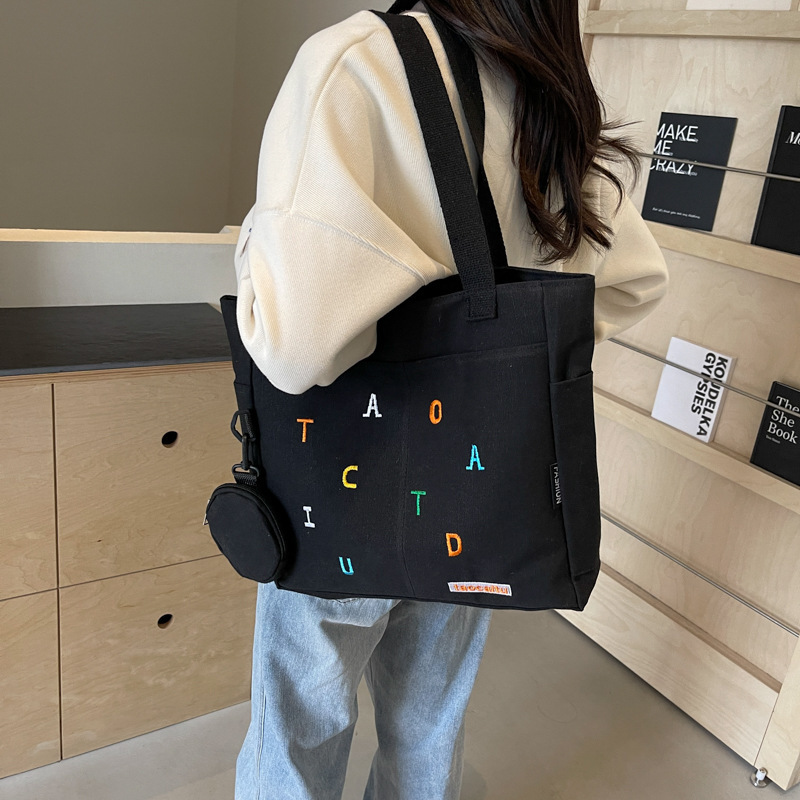 designer Large Capacity Canvas Bag for Women 2025 New Trendy Embroidered Letter Handbag Fresh Style Student Shoulder Tote Bag