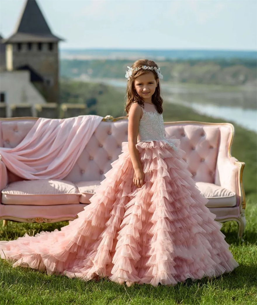 Blush Pink Flower Girls Dresses 2025 Ruffles Skirt Ballgown Long Train Little Girls Birthday Party Dress Sleeveless Lace Appliques Bodice