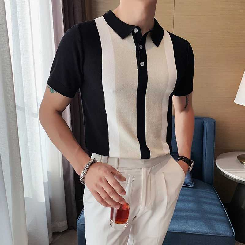 British Style Summer Fashion Color Matching Short Sleeve Polo Shirt Men High Quality Knitted Slim Fit Lapel Button Tee Shirt Top XJ250605
