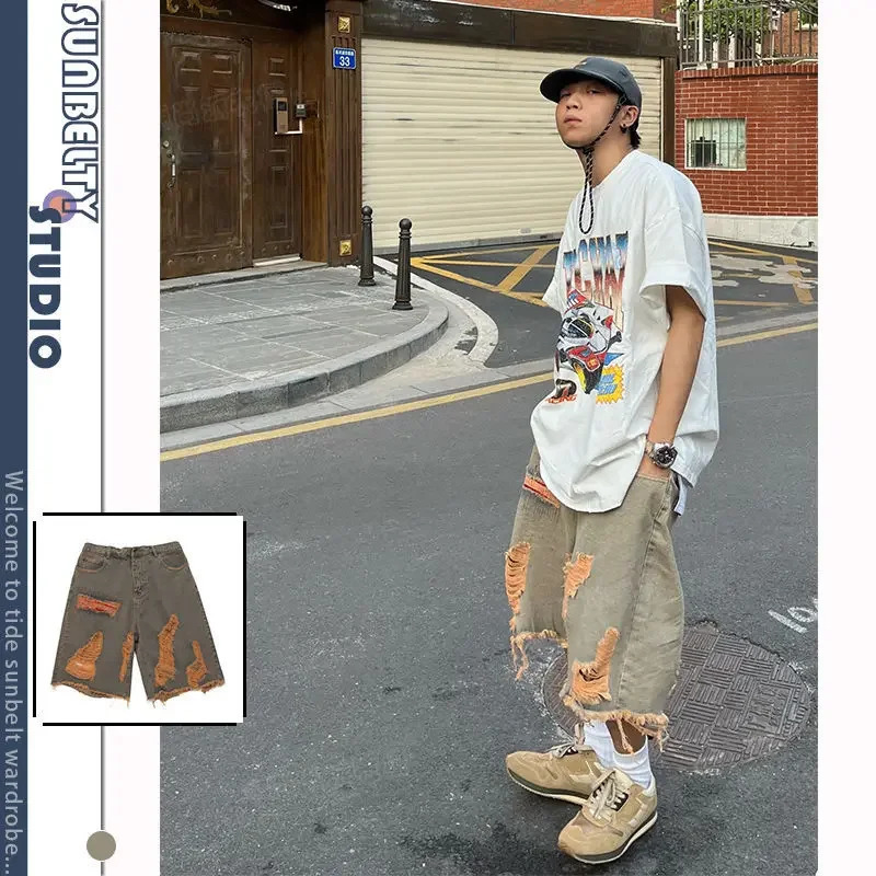 Casual Shorts Street Washed Distressed Raw Hem Ripped Denim Retro Men Clothing Summer Loose Straight Knee Length Solid Pants 250529