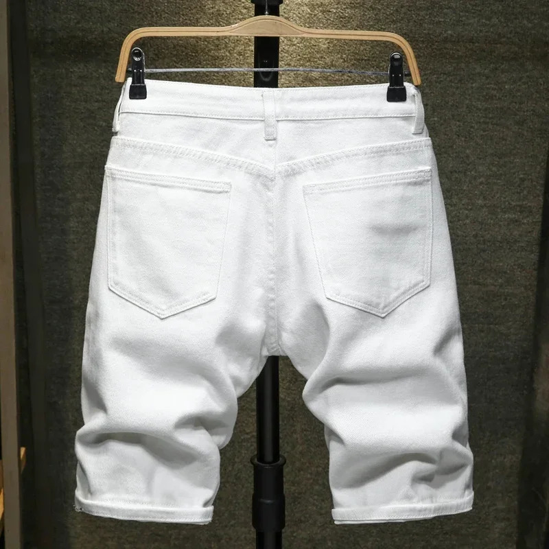 White Denim Shorts Men Ripped Knee Length Fashion Jeans Casual Hole Slim Male Short Pants Streetwear 250604