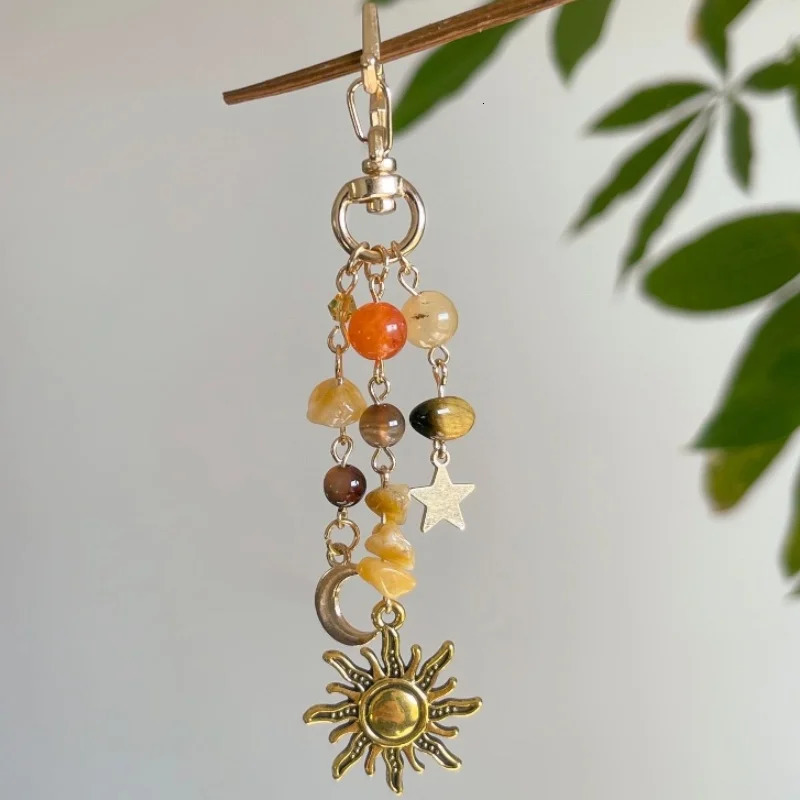 Punk Stars Moon Sun Pendant Bag Keychain for Women Girls Charm Boho Colorful Beads Key Ring Bag Chain Y2K Jewelry Gift 250605