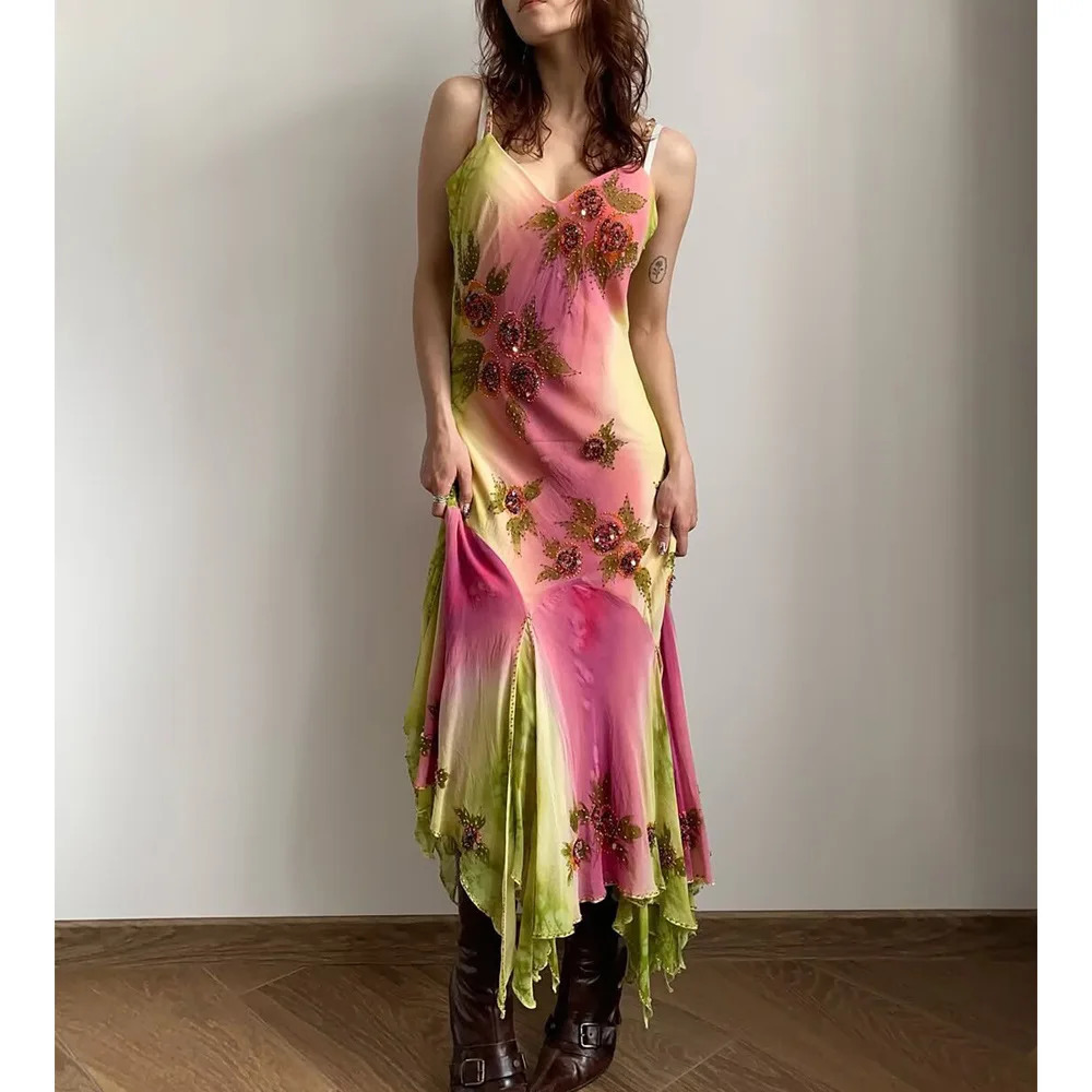 VEITCHE Summer Arrival Women Sexy Printed Ruffled Irregular Long Dress Off Shoulder V Neck Sleeveless Female Dresses 250604