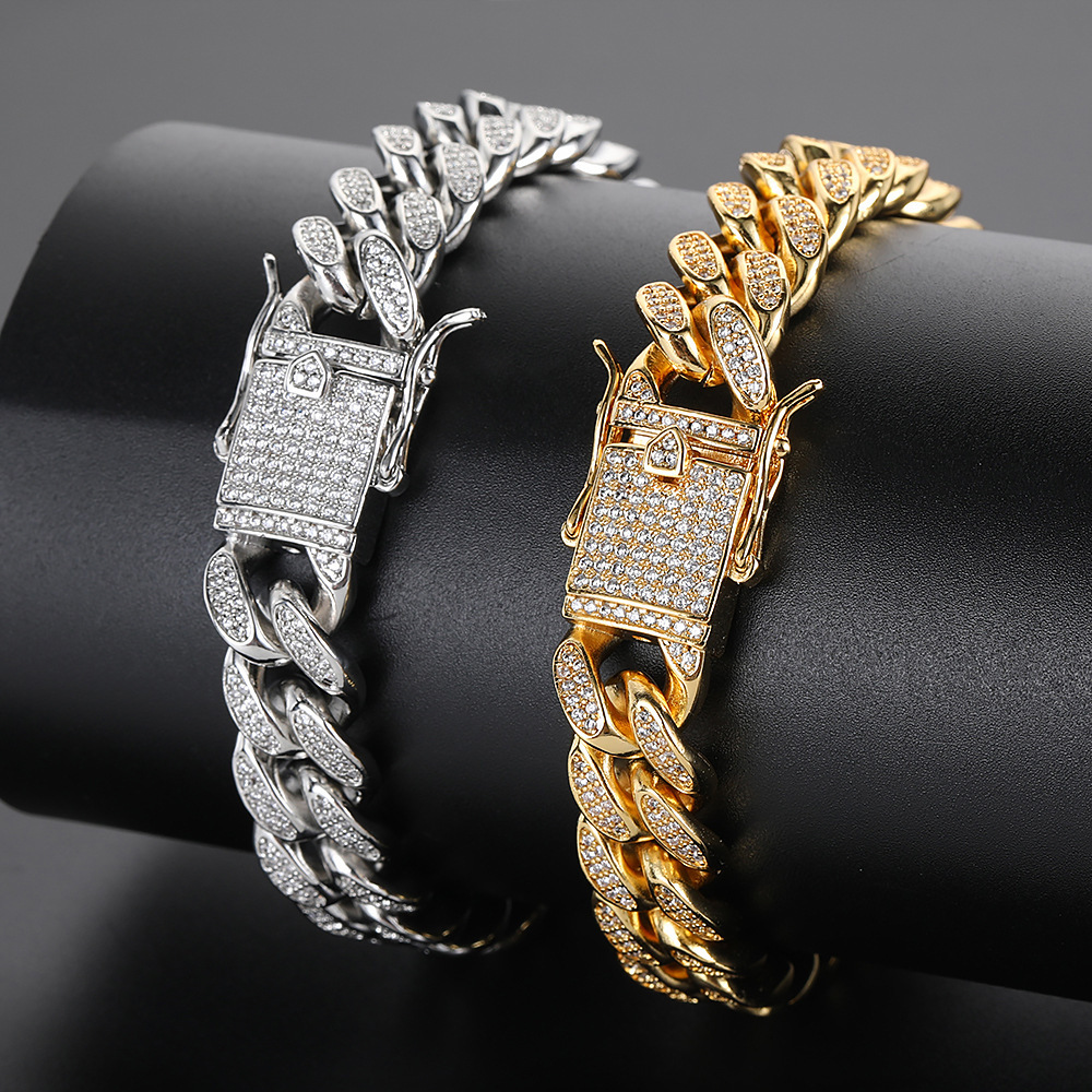 Hip Hop 12mm Double Row Cuban Chain Full Diamond Bracelet Trendy Moissanite Bracelet Mens Jewelry Accessories