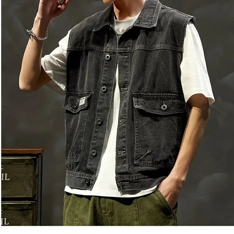 Trendy Denim Vest Jacket For Men Loosefit Shoulder Clipon Work Versatile Spring Autumn 250605Z