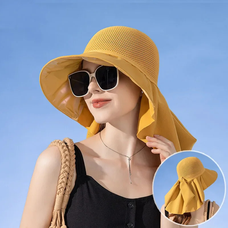 Summer Women Bucket Hat with Shawl Lightweight Breathable Mesh Face Neck Protection Sun Hat Bow Pleat Travel Beach Cap 250604