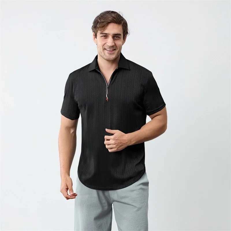 Mens Short Sleeve Jacquard Turn Down Collar Zipper Casual Tops - Stylish Fit Shirts for Summer Fashion XJ250605
