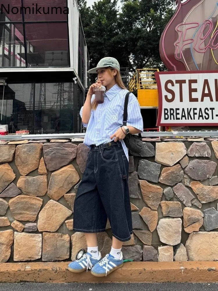 Bottoms Streetwear Casual Jeans High Waist Vintage Wide Leg Shorts Fashion Korean Summer Denim Trousers Womens Pants 250604