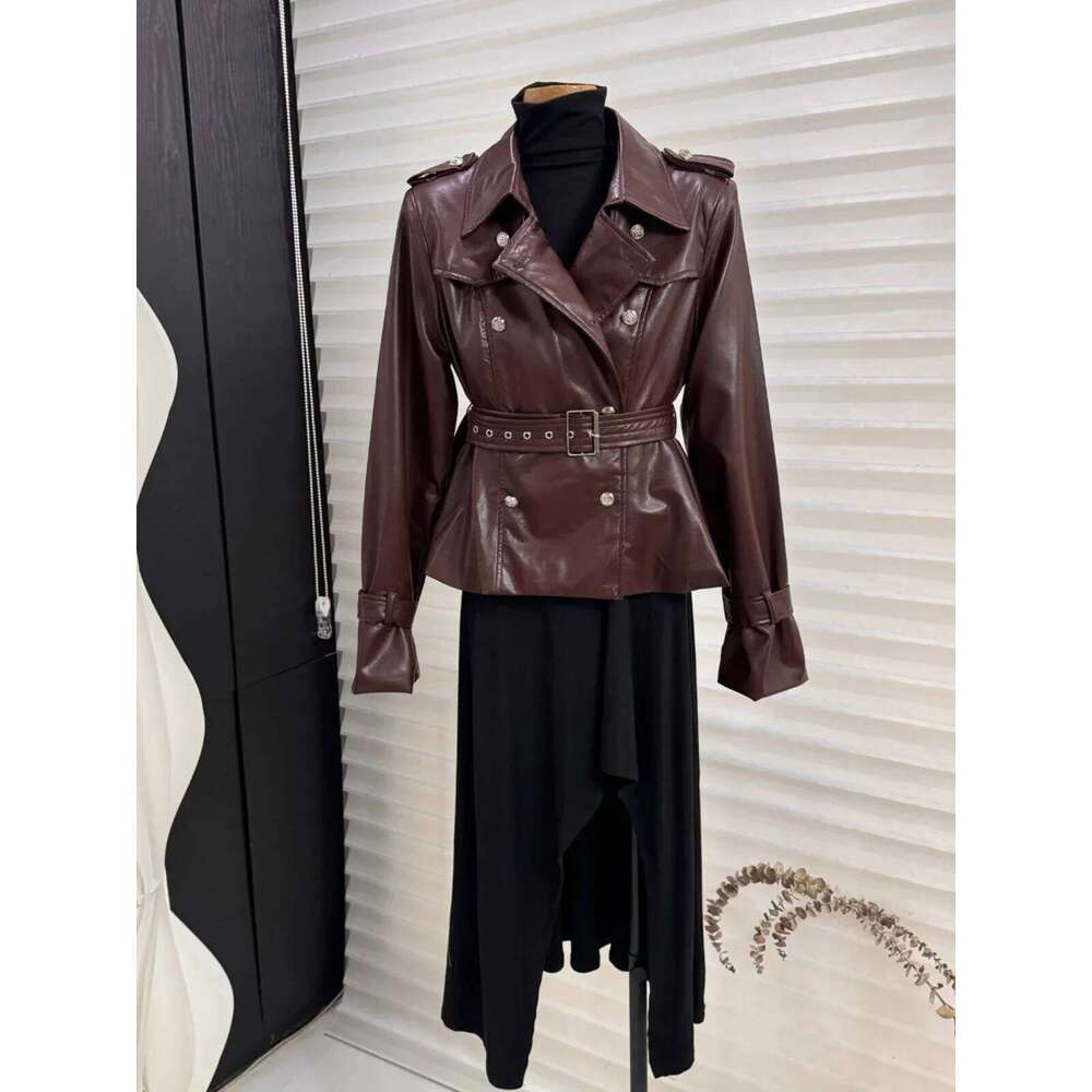 Autumn New Lapel High Waist Cool Girl Short Leather Women's Slim Fit Double Breasted Long Sleeve Motorcycle Jacket
