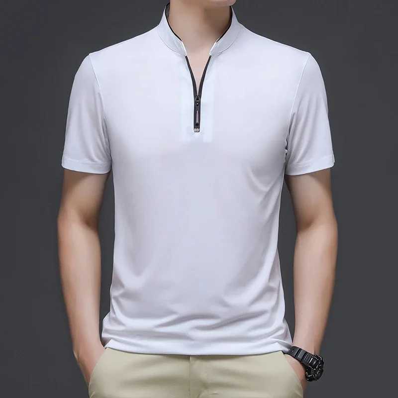 2025 Mens Casual Fashion Solid Color Short Sleeve Polo Shirt Stand Up Collar Versatile Comfortable Top XJ250605