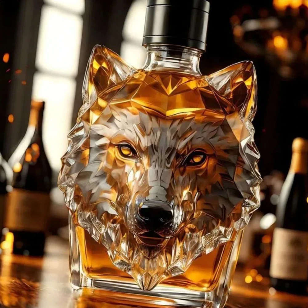 Unique Wolf Head Shape Whiskey Bottle 300 Ml Transparent Glass Decanter Sturdy with Cover Wine Glass Home Bar 250605