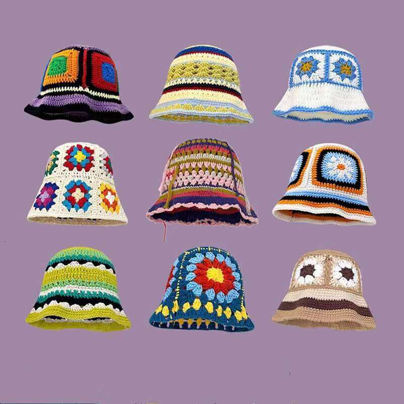 Summer Casual Handmade Foldable Beach Sun Trendy Floral Knitted Beanie Cap Crochet Bucket Hat