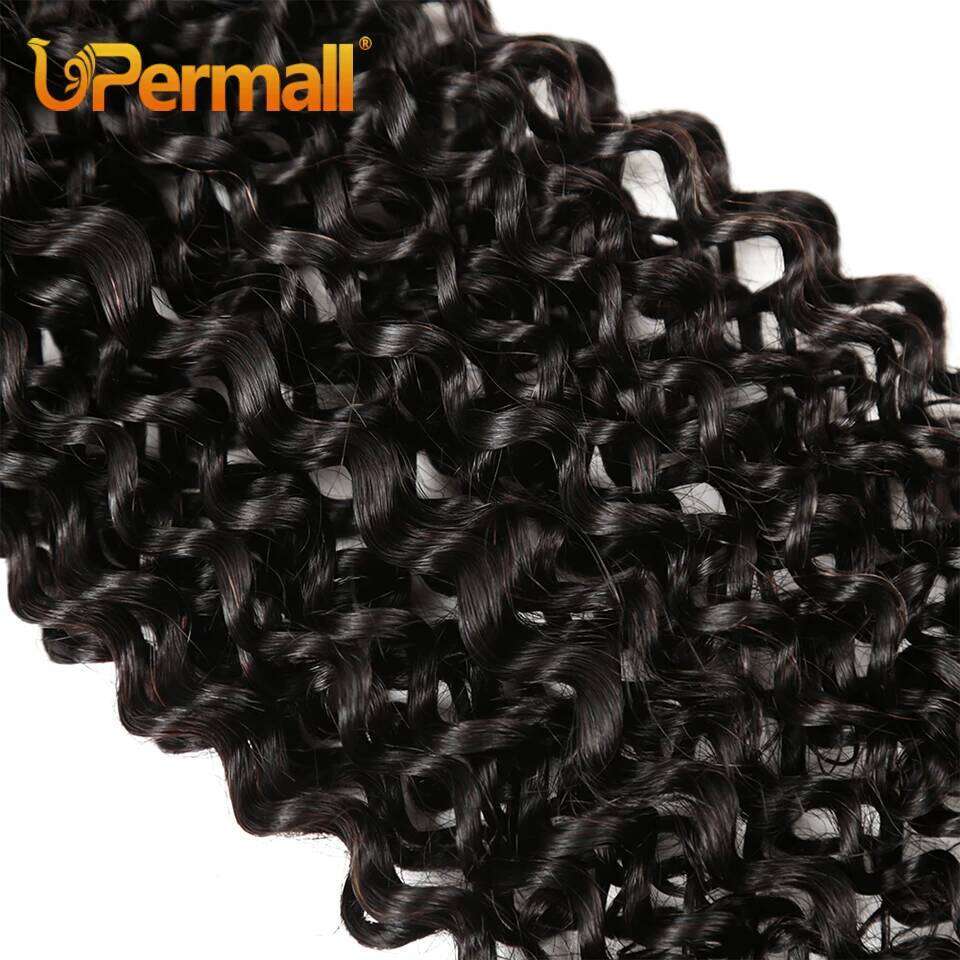 Upermall 3/4 Brazilian Remy Kinky Curly Human Hair Bundles With HD Transparent 4x4 Lace Closure and Weave Extension Soft