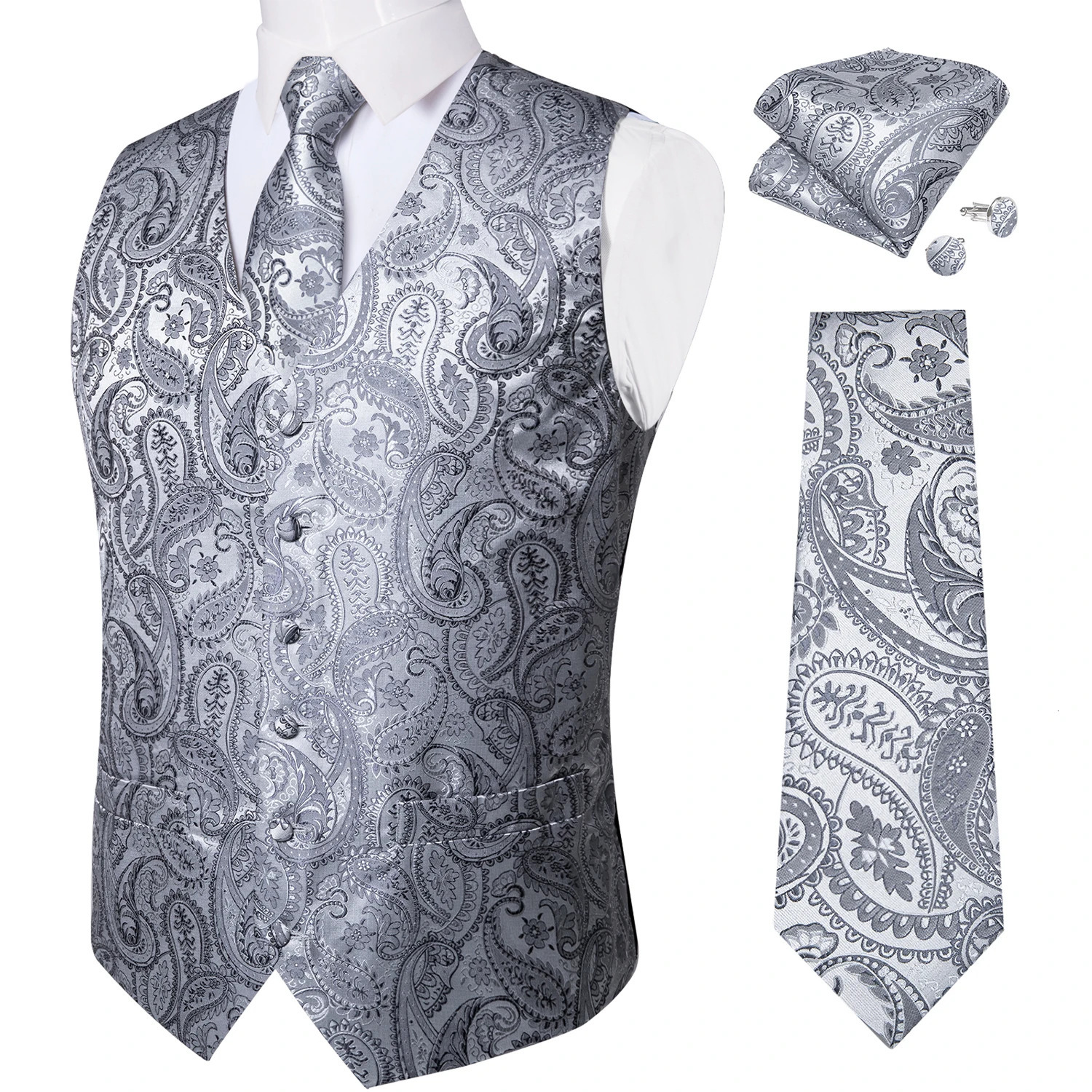 Suit Vest Neck Tie Set Silver Color Black Red Paisley Mens Wedding Prom Silk Polyester Waistcoat Elegant Sleeveless Jacket 250605Z