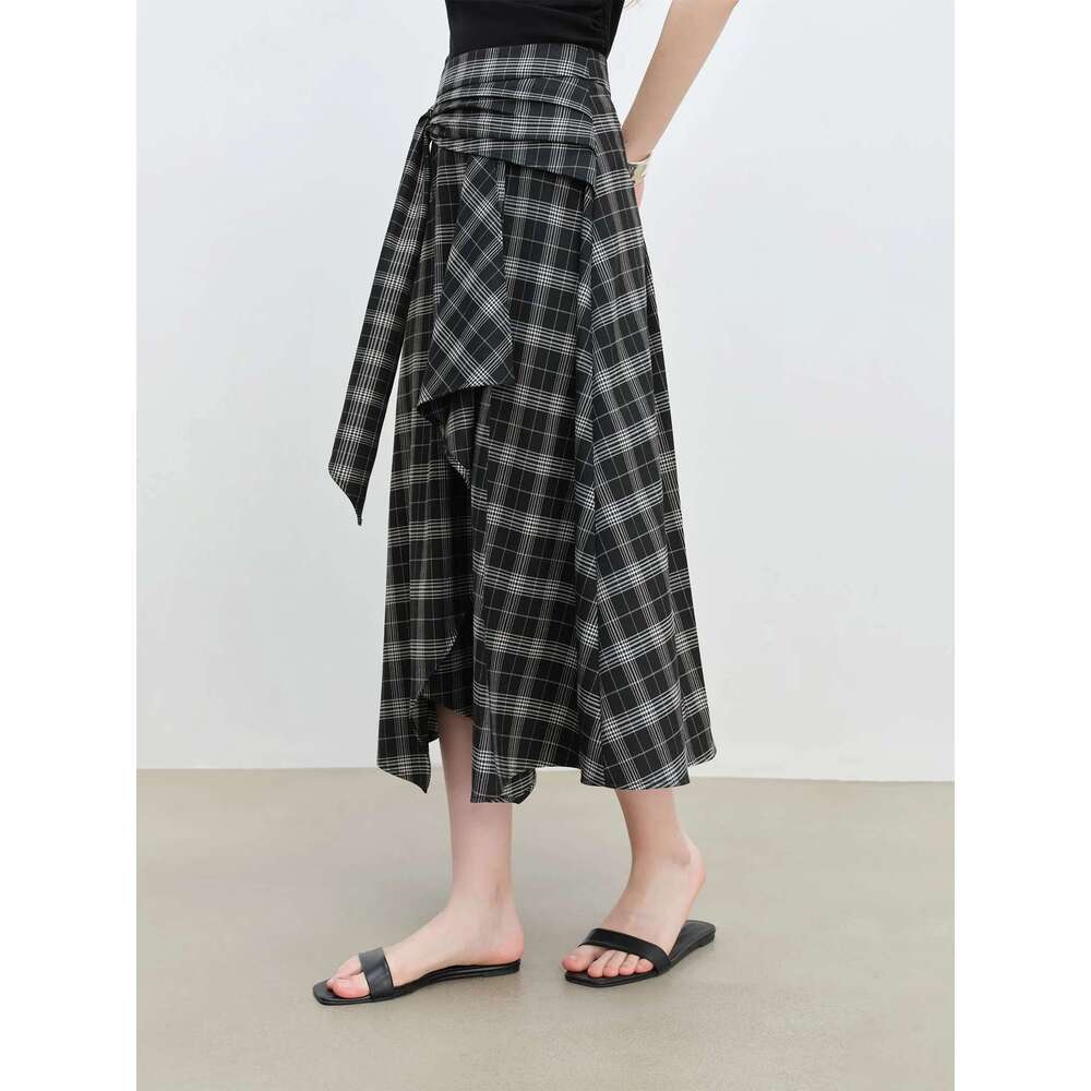 ZIQIAO 2025 Summer Petite Artistic Check Skirt - High-Waisted Asymmetric Hem & A-Line Silhouette For Retro Chic 25Zq92390