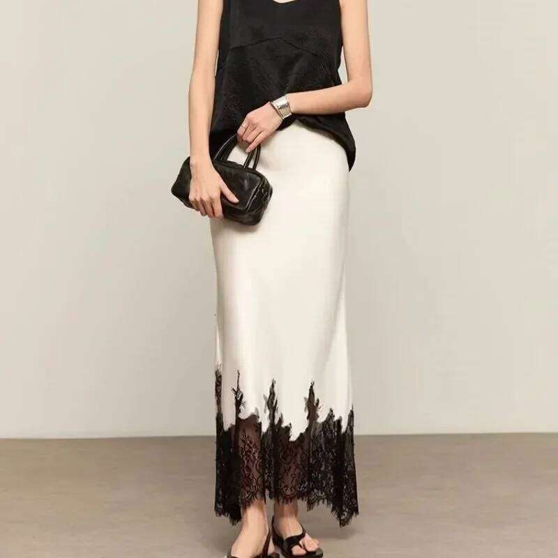 Fairy Lace-Trim Satin Midi Skirt High Wasit Elegant Wrapped Hip Long Skirts Party 2025 Fashion Trends Summer Women Clothing