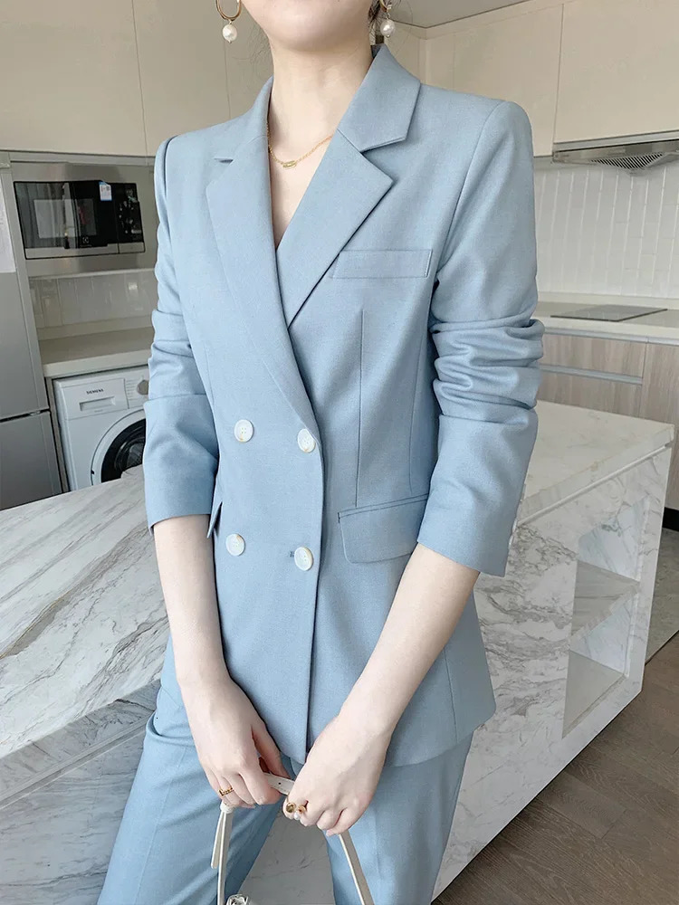 2024 Summer Blue Ladies Suits Two Piece Set Blazer Pants Top Quality Double Breasted Women Elegant Business Work Clothing 250520Z