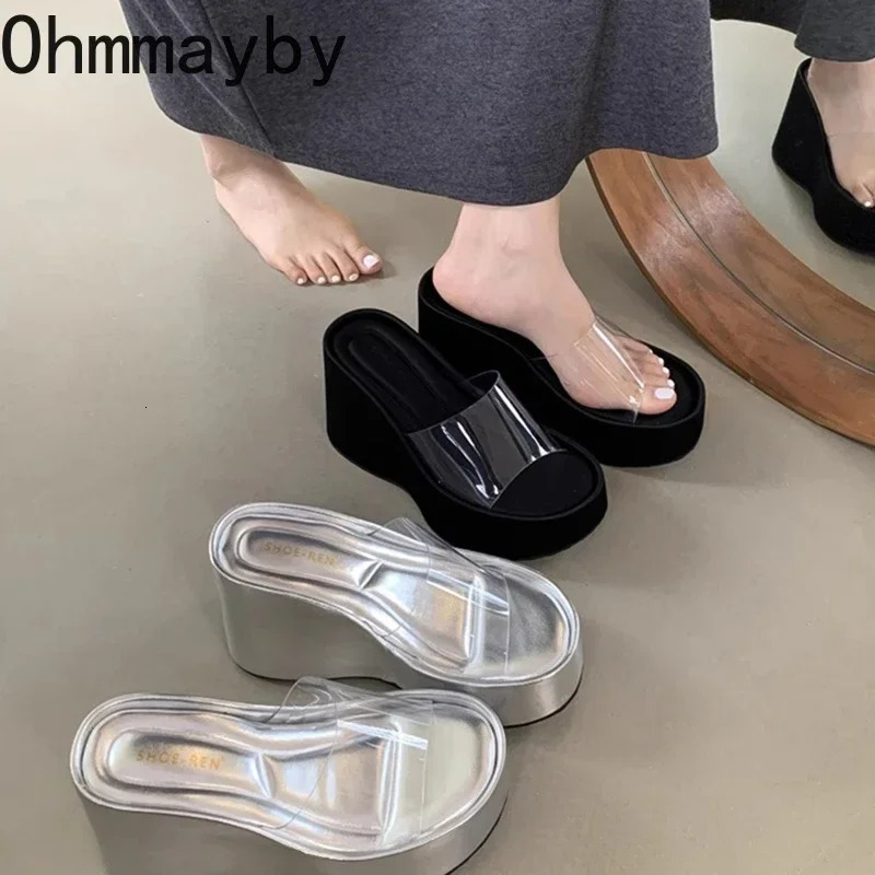 Summer Chunky Woman Slippers Fashion PVC Transparent Platform Wedges Heel Slides Ladies Casual Outdoor Beach Shoes 250605