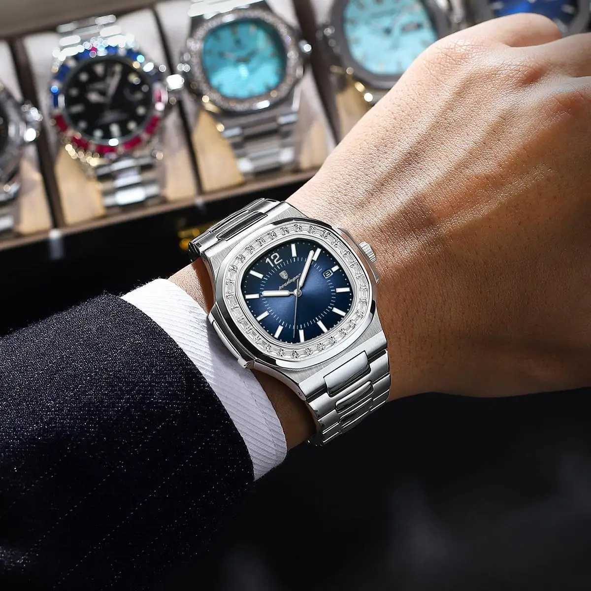 POEDAGAR Luxury Square Mens Quartz Watch Waterproof Luminous Date Mens Watch High Quality Stainless Steel Business Men Watches Y250605