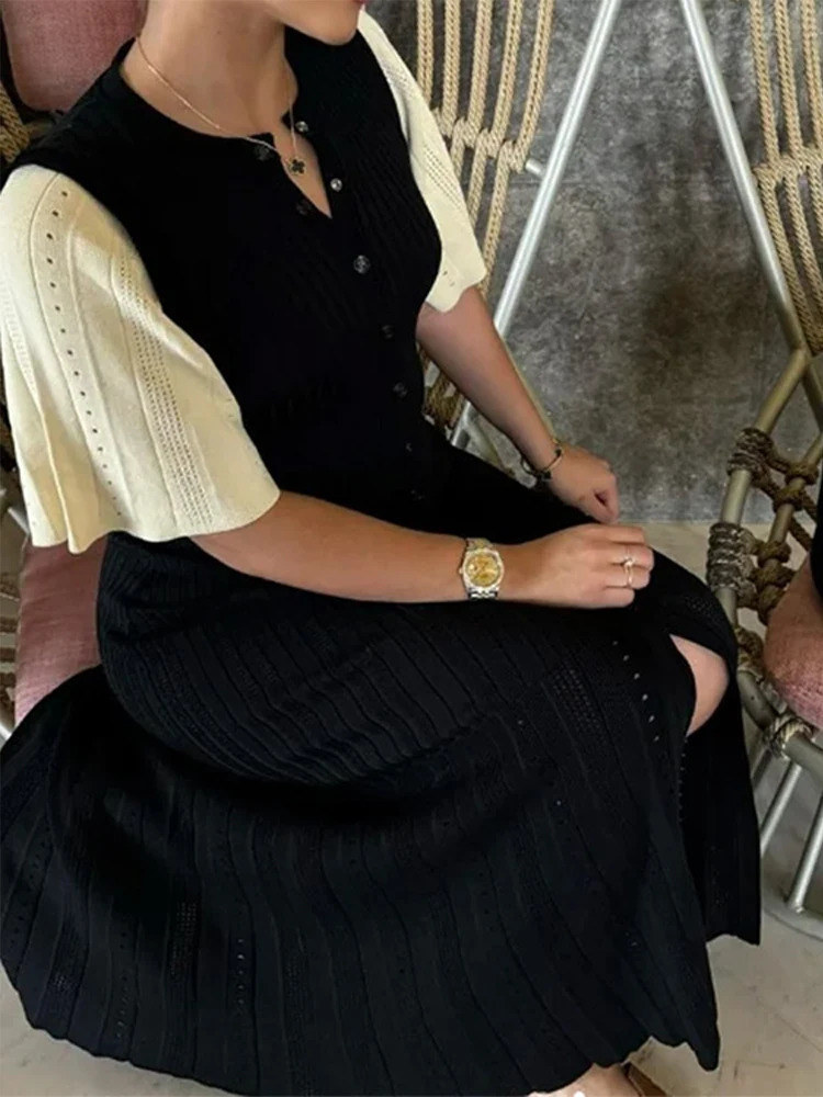 Knit Maxi Dress For Women Elegant Solid Oneck Single Breasted Short Sleeve Long Dresses Female Summer Fashion Lady Vestido 250604