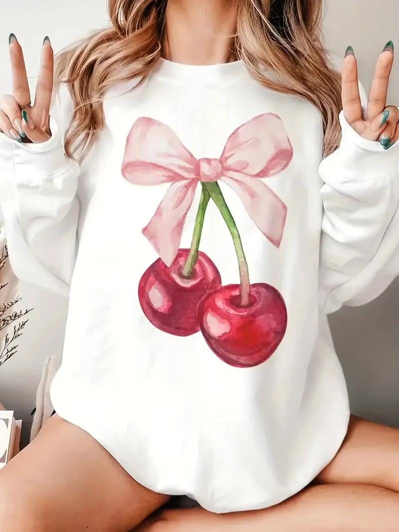 Cherry bow printed sports shirt for womens casual loose round neck cute aesthetic pullover Y2K clothing Harajuku style hoodie 250604