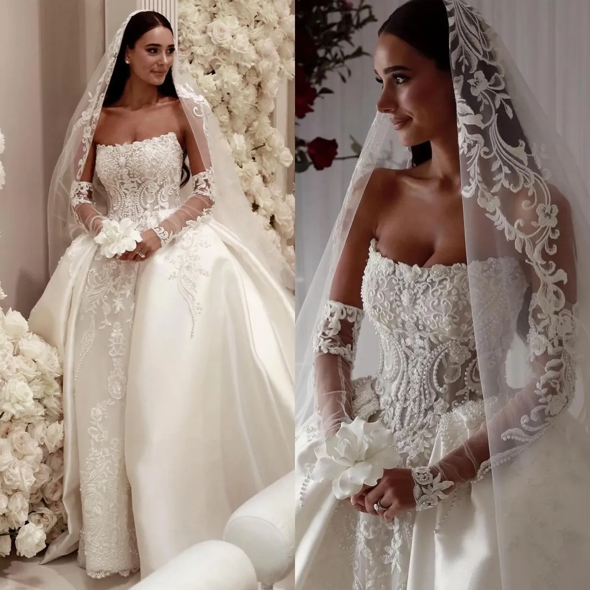Modest Strapless Wedding Dress Ball Gown Elegant Appliques Lace Bridal Dress Customized Beads Pearls Dubai vestidos de novia