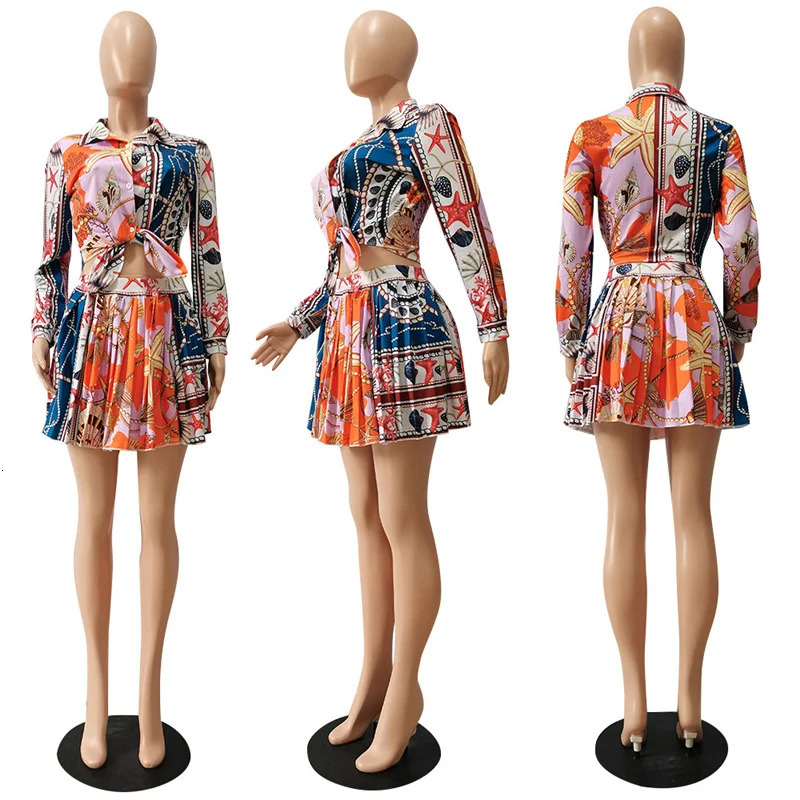 Vintage Exotic Printed 2 Piece Set for Women Skirts Sets Shirts Top and Pleated Mini Skirt Dress Suits Matching Clubwear 250605Z
