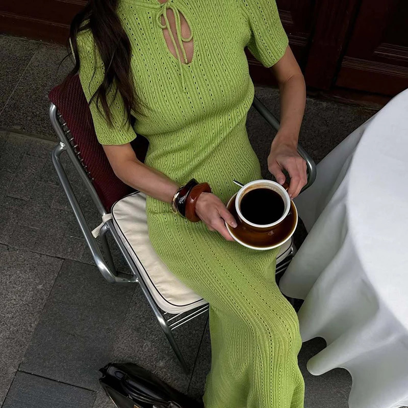 Tornova Retro Knitted Long Dress Female Short Sleeve Slim Hollow Retro Elegant Sweater Dress 2025 Summer High Waist Woman Dress 250604