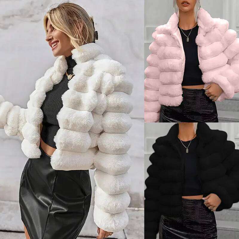 S-3XL Light Winter Warm Open Slim Plush Jacket Women 3D Striped Faux Fur Cardigan Ladies Thick Short Coat