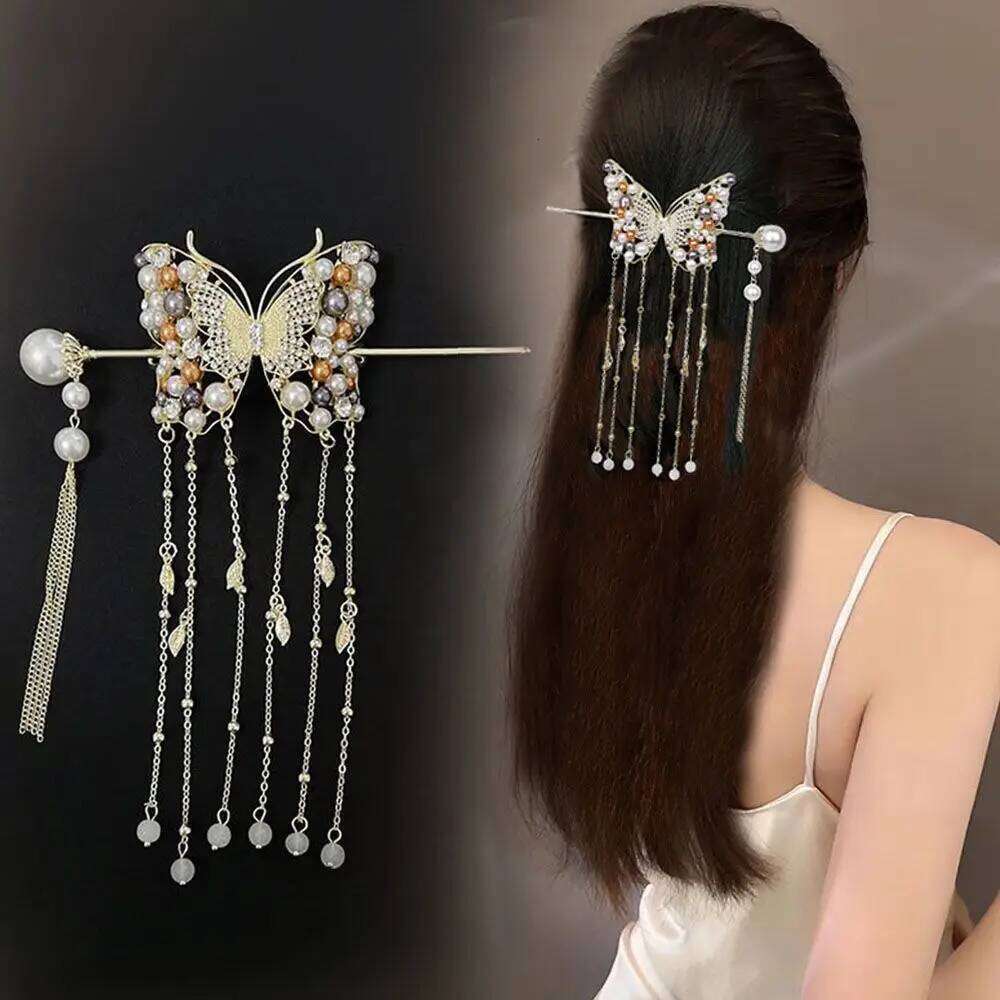 Women Fashion Colored Pearls Butterfly Alloy Hairpin Ladies Clip Tassels Party Sticks Elegant Hair Accessories
