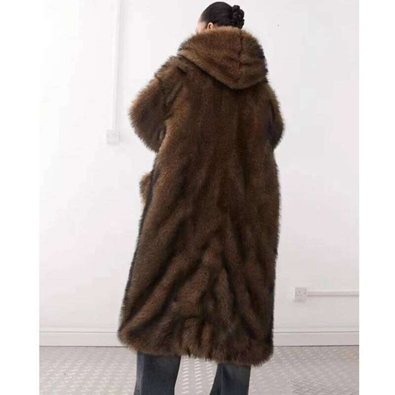 New faux fox fur Wolf skin coat, women's long winter thick and hooded