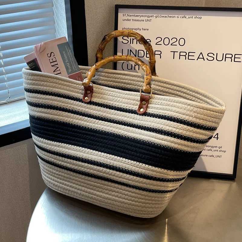 Vintage Knitted Bag Womens Cotton Striped Weaving Bamboo Handle Large Capacity Weaving Handbag Weaving Tote Bag XJ250605