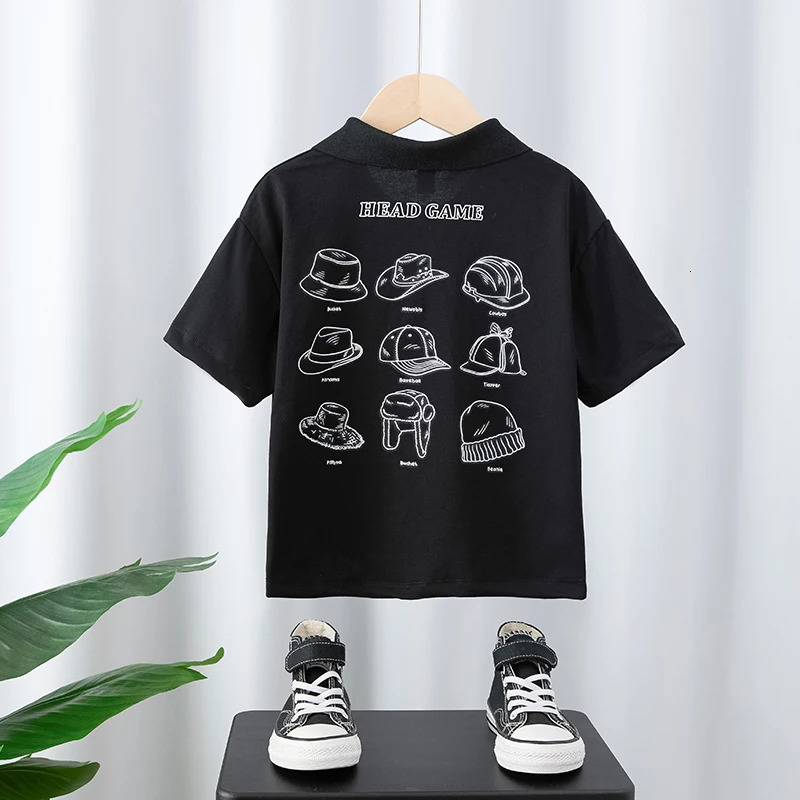 Kids Short Sleeve Polo Shirts White Black with Hat - themed Prints 250604