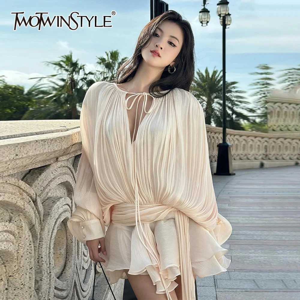 TWOTYLE Solid Patchwork Lace Up Blouse Mini Dresses For Women V Neck Long Sleeve Sweet Style Dress Female Clothing Fashion 250526