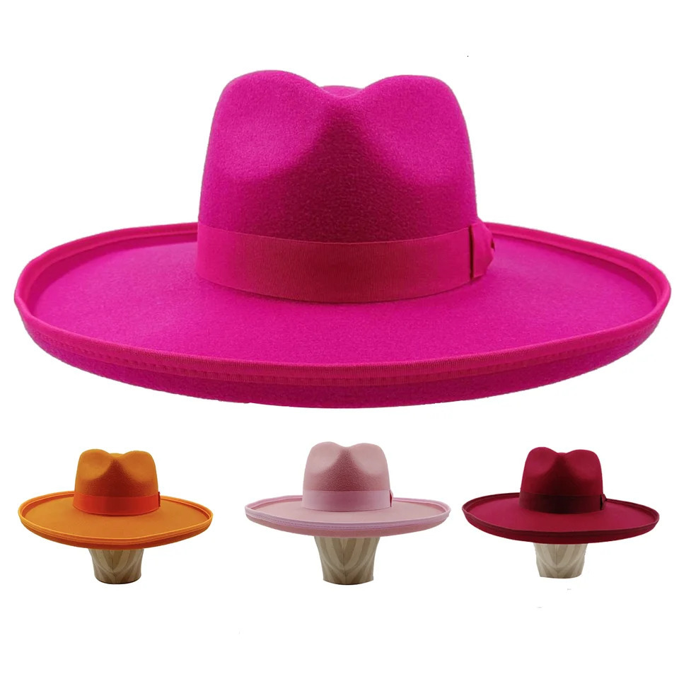 10cm Love Hat Fedora Rose Red Wholesale Fedora Raised brim Monochrome Jazz Hat Winter Wide brim Hat sombrero mujer 250605