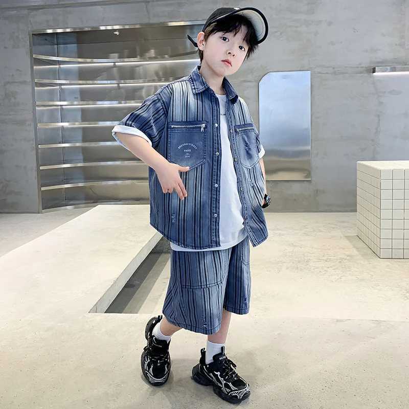 New Summer Kids Boy Clothing Set for Tweens Child Vertical Stripe Denim Shirt Shorts Cotton Two Pieces Clothes Suit For Teenager R250605