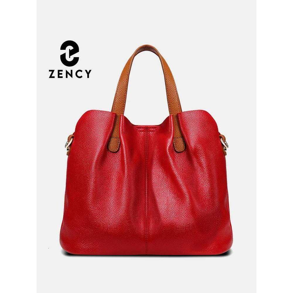 Zency Tote Bag Genuine Leather Women Large Composite Ruched Red Purse Top Layer Cowhide Shoulder Crossbody Handbag Versatile Sac 2025/06/05