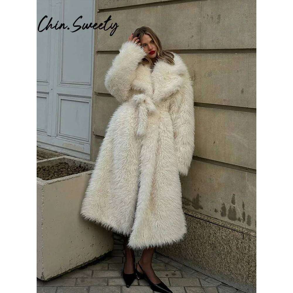Casual Belt Faux Fur Long Women Coat Urban Full Sleeve Lapel Pocket Thicken Female Streetwear Winter Elegant Lady Outwear luanyun