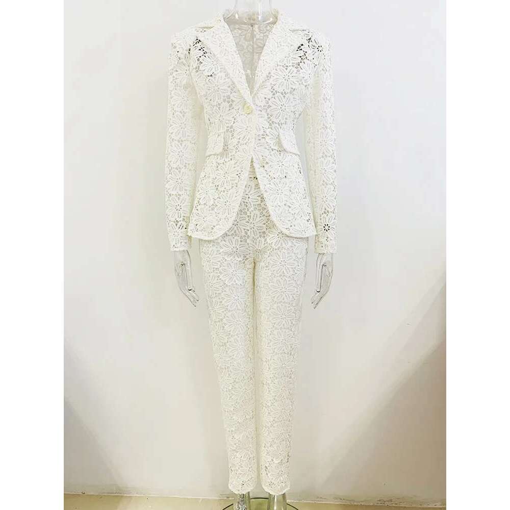 HIGH STREET Newest 2025 Designer Runway Set Women's Single Button Guipure Lace Blazer Pencil Pants Suit 2Pcs