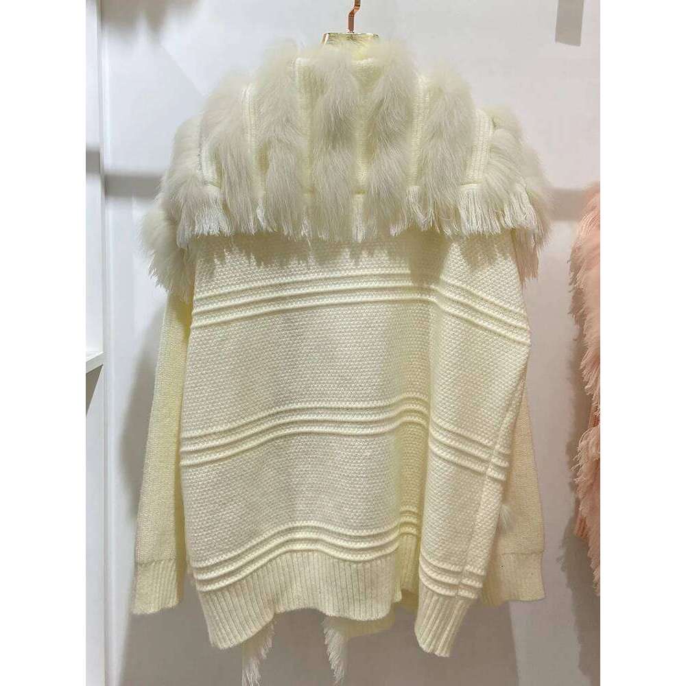 Women Autumn Real Knitting Oversize Fox Fur Decoration Lady's Fashion Cardigan Sweater Coat