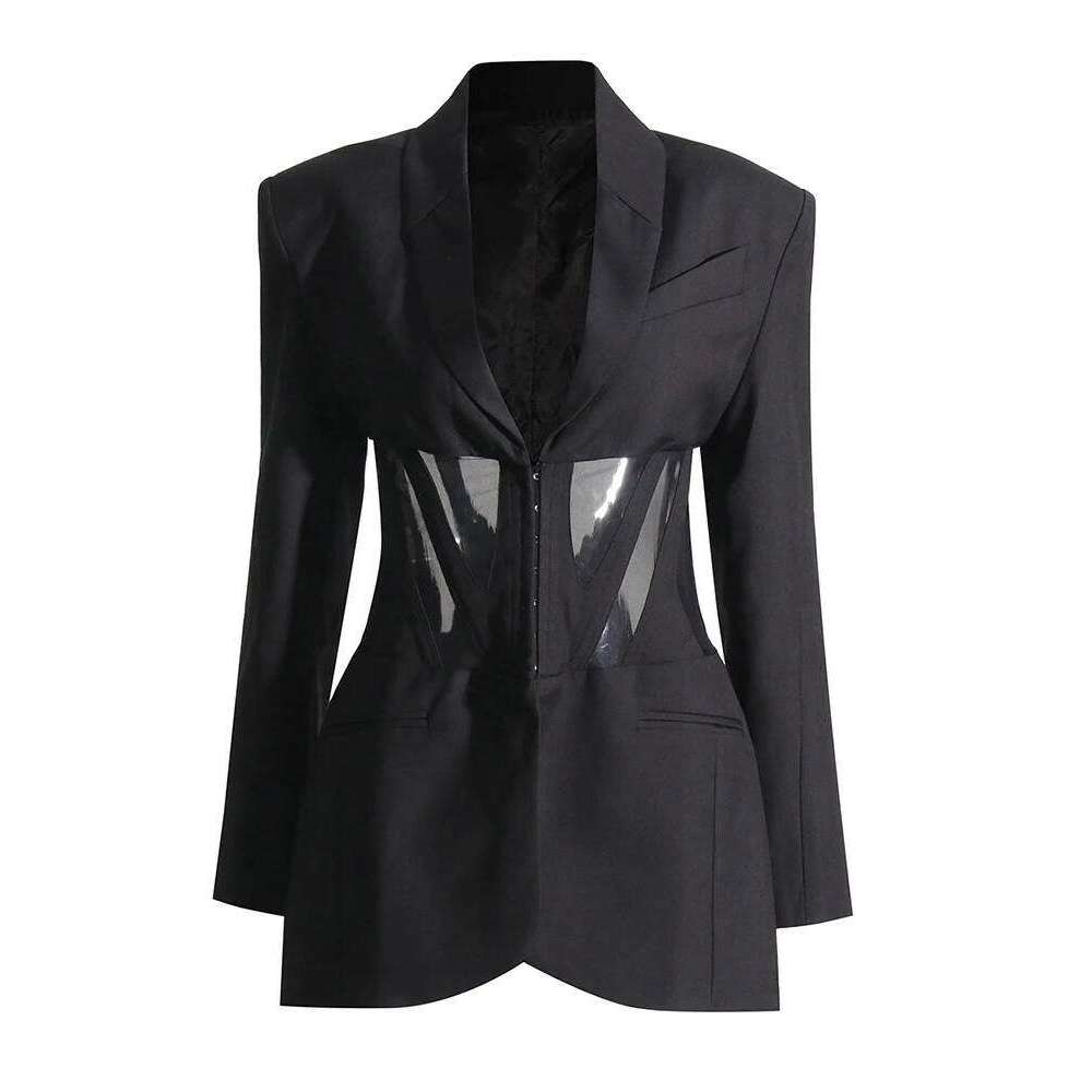 Coats Designer Women Patchwork Mesh Slimming Blazer For Women Notched Collar Long Sleeve Tunic Spliced Pocket Sexy Blazers Female New Designer