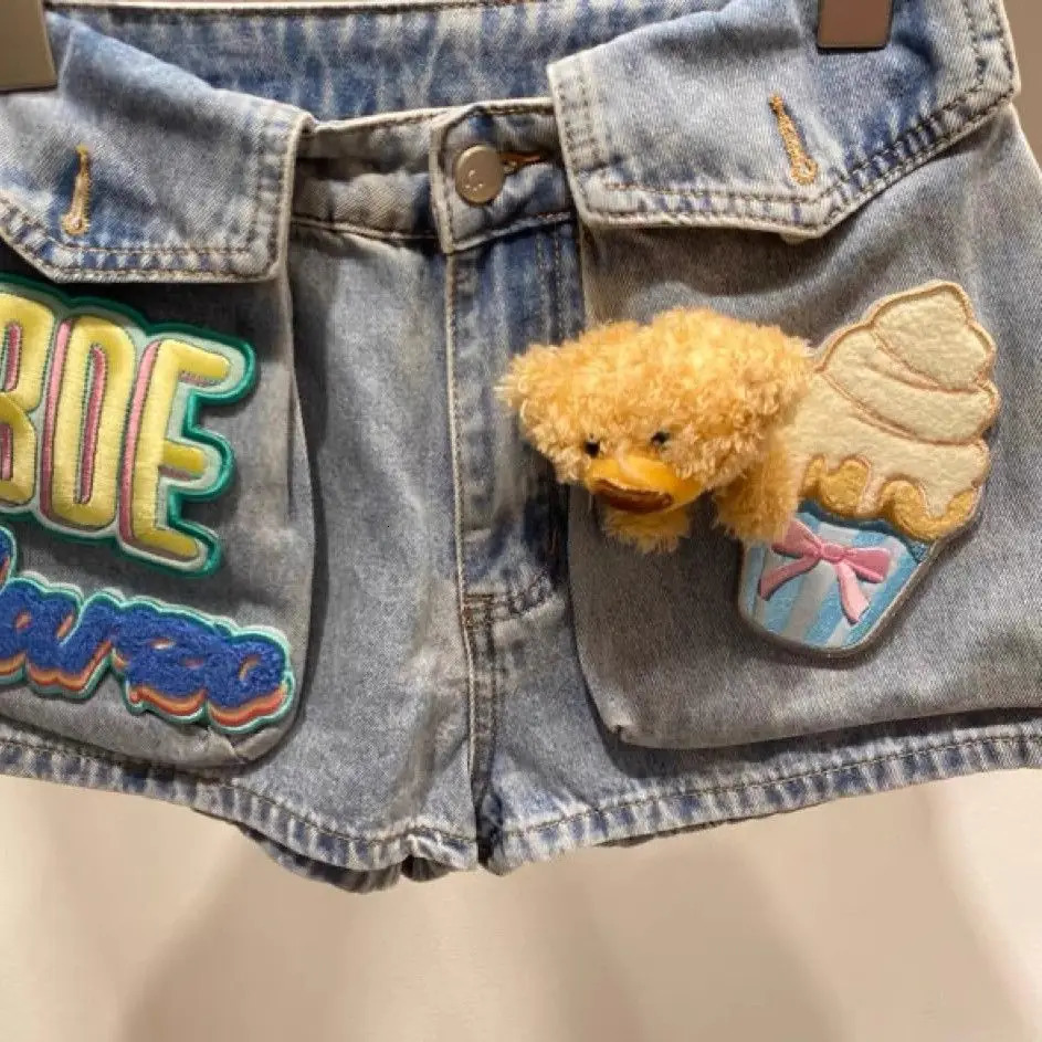 Nicemix 3D Teddy Bear Patch n Slim Fit Denim Shorts for Women Summer Stylish High Waist Loose Casual Jeans Women 250604