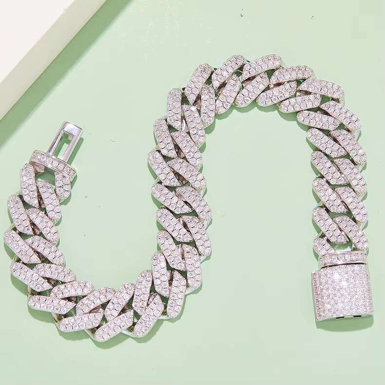 S925 Cuban Link Luxury Round Cut Moissanite 14mm Cuban Chain Fine Sterling Silver Jewelry Bracelet Hip-hop Unisex Bracelet